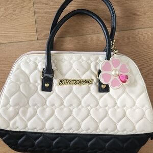 Betsey Johnson Cream and Black Quilted Satchel with Pink Flower Charm